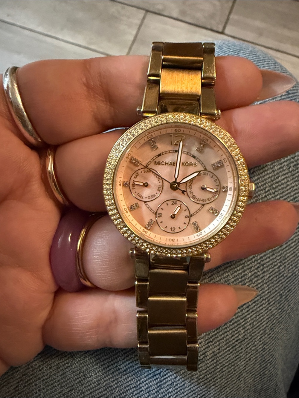 Michael Kors Gold-Tone Bracelet Watch with Pink Dial and Crystal Accents